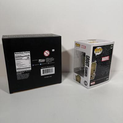LOT 174: 4 Marvel Funko Pops & 1 Box: Groot Gamer (539), Gamestop Collectable Marvel Box, Ebony Maw (291), Corvus Glaive (290), &...