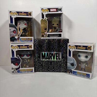 LOT 174: 4 Marvel Funko Pops & 1 Box: Groot Gamer (539), Gamestop Collectable Marvel Box, Ebony Maw (291), Corvus Glaive (290), &...