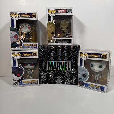 LOT 174: 4 Marvel Funko Pops & 1 Box: Groot Gamer (539), Gamestop Collectable Marvel Box, Ebony Maw (291), Corvus Glaive (290), &...