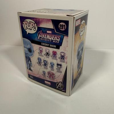 LOT 174: 4 Marvel Funko Pops & 1 Box: Groot Gamer (539), Gamestop Collectable Marvel Box, Ebony Maw (291), Corvus Glaive (290), &...