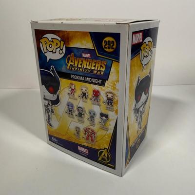 LOT 174: 4 Marvel Funko Pops & 1 Box: Groot Gamer (539), Gamestop Collectable Marvel Box, Ebony Maw (291), Corvus Glaive (290), &...