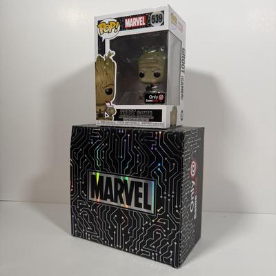 LOT 174: 4 Marvel Funko Pops & 1 Box: Groot Gamer (539), Gamestop Collectable Marvel Box, Ebony Maw (291), Corvus Glaive (290), &...