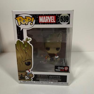 LOT 174: 4 Marvel Funko Pops & 1 Box: Groot Gamer (539), Gamestop Collectable Marvel Box, Ebony Maw (291), Corvus Glaive (290), &...