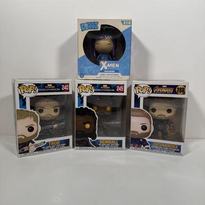 LOT 175: Four Marvel Funko Pops: Heimdall (245), Captain America (288), Thor (240), & X-Men Psylocke DORBZ (216)