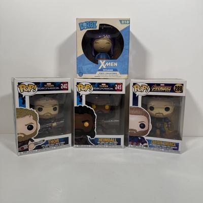 LOT 175: Four Marvel Funko Pops: Heimdall (245), Captain America (288), Thor (240), & X-Men Psylocke DORBZ (216)
