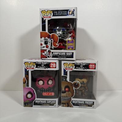 LOT 176: Three Five Nights at Freddy's Funko Pops: Nightmare Cupcake (218), Nightmare Freddy (111), & Jumpscare Baby (224)