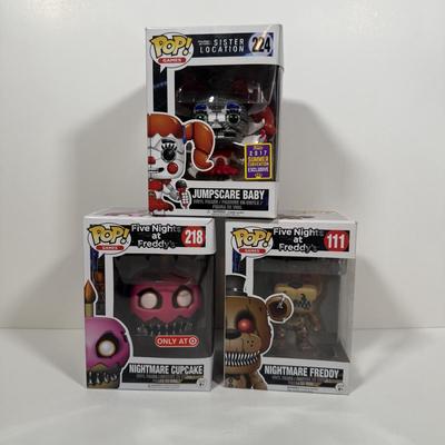 LOT 176: Three Five Nights at Freddy's Funko Pops: Nightmare Cupcake (218), Nightmare Freddy (111), & Jumpscare Baby (224)