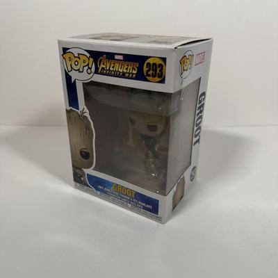 LOT 177: Four Marvel Funko Pops: Thor (286), Groot (293), Vision (307), & Gingerbread Iron Man MINI (140)