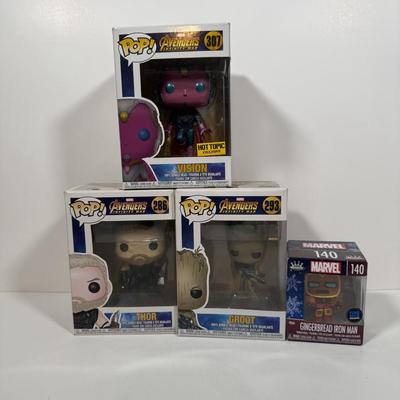 LOT 177: Four Marvel Funko Pops: Thor (286), Groot (293), Vision (307), & Gingerbread Iron Man MINI (140)