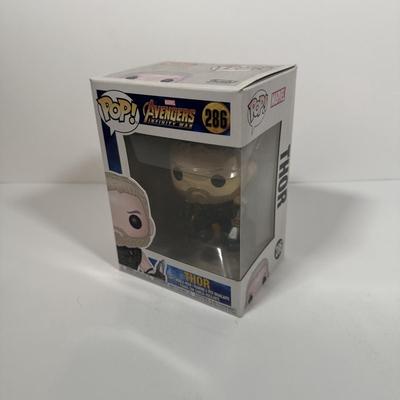 LOT 177: Four Marvel Funko Pops: Thor (286), Groot (293), Vision (307), & Gingerbread Iron Man MINI (140)