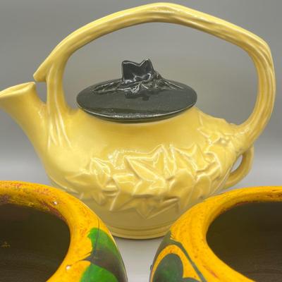 LOT 179: Vintage McCoy Ivy and Twig Teapot and Vintage Hand Painted "Mexico" Ceramic Planters