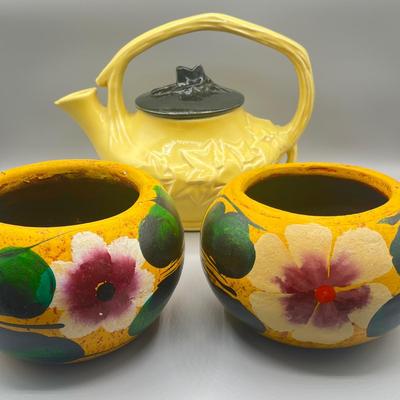 LOT 179: Vintage McCoy Ivy and Twig Teapot and Vintage Hand Painted "Mexico" Ceramic Planters