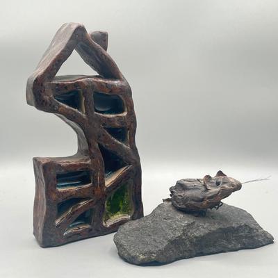 LOT 183: The Mouse and The House - Carved Wooden Mounted Mouse Statue and Heavy Ceramic House Statue