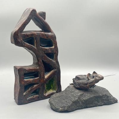 LOT 183: The Mouse and The House - Carved Wooden Mounted Mouse Statue and Heavy Ceramic House Statue