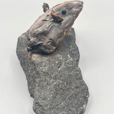 LOT 183: The Mouse and The House - Carved Wooden Mounted Mouse Statue and Heavy Ceramic House Statue