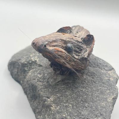 LOT 183: The Mouse and The House - Carved Wooden Mounted Mouse Statue and Heavy Ceramic House Statue