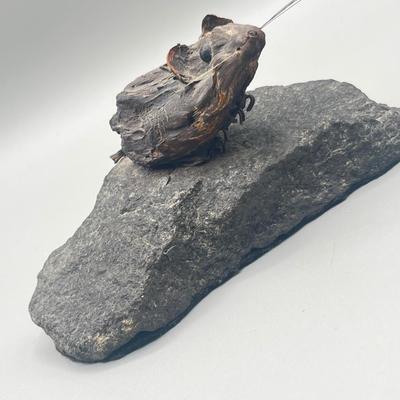 LOT 183: The Mouse and The House - Carved Wooden Mounted Mouse Statue and Heavy Ceramic House Statue