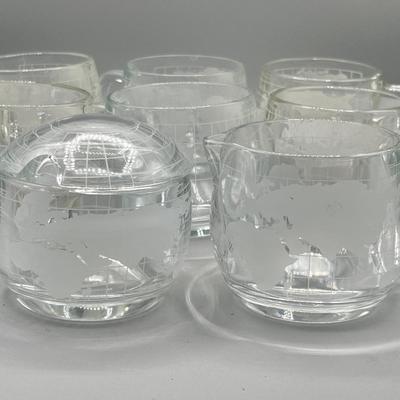 LOT 200: Vintage Nestle Nescafe Globe/Map Glassware Collection - Sugar Bowl, Creamer and Mugs