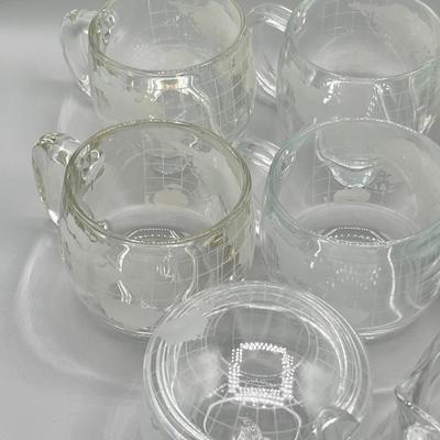 LOT 200: Vintage Nestle Nescafe Globe/Map Glassware Collection - Sugar Bowl, Creamer and Mugs