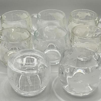 LOT 200: Vintage Nestle Nescafe Globe/Map Glassware Collection - Sugar Bowl, Creamer and Mugs