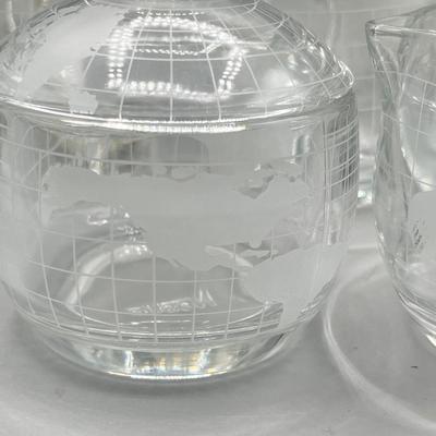 LOT 200: Vintage Nestle Nescafe Globe/Map Glassware Collection - Sugar Bowl, Creamer and Mugs