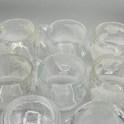 LOT 200: Vintage Nestle Nescafe Globe/Map Glassware Collection - Sugar Bowl, Creamer and Mugs