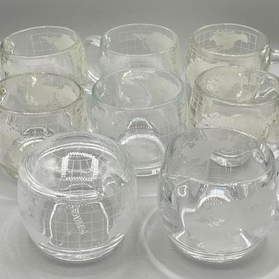 LOT 200: Vintage Nestle Nescafe Globe/Map Glassware Collection - Sugar Bowl, Creamer and Mugs