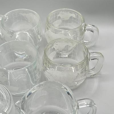 LOT 200: Vintage Nestle Nescafe Globe/Map Glassware Collection - Sugar Bowl, Creamer and Mugs