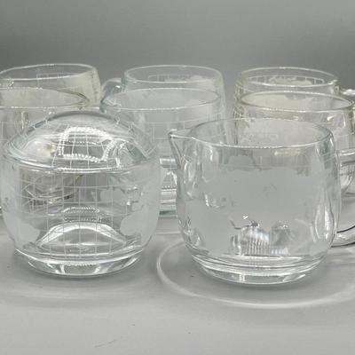 LOT 200: Vintage Nestle Nescafe Globe/Map Glassware Collection - Sugar Bowl, Creamer and Mugs