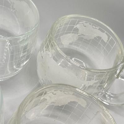 LOT 200: Vintage Nestle Nescafe Globe/Map Glassware Collection - Sugar Bowl, Creamer and Mugs