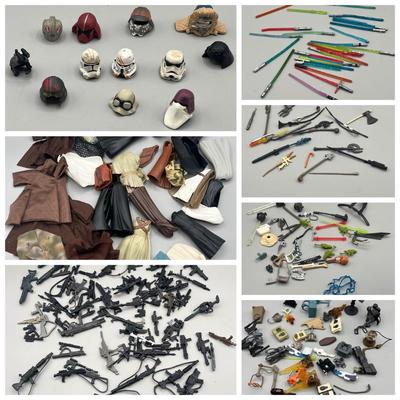 LOT 214: Star Wars Accessory Collection - 1990s Figures - Guns, Light Sabers, Clothes, Wepons and More