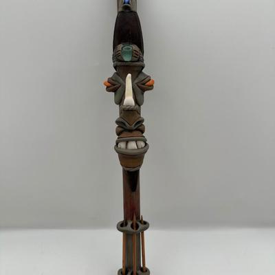 Handcrafted Tribal-Style Decorative Staff with Sculptural Faces