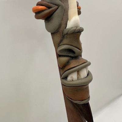 Handcrafted Tribal-Style Decorative Staff with Sculptural Faces
