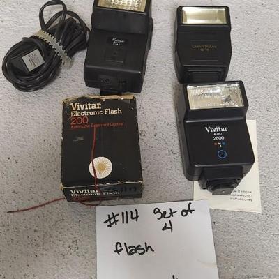 Sale Photo Thumbnail #1012: Set of 4 electronic flash units. One speed light cord. Fits medium flat rate box