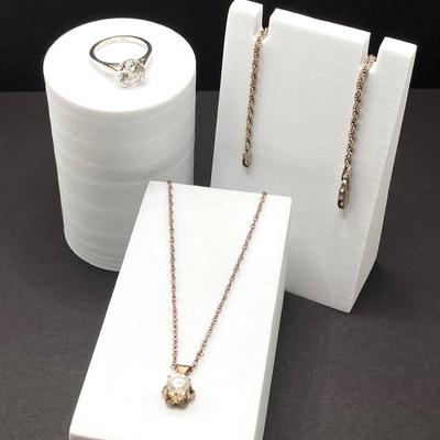 LOT 401: Sterling Jewelry - Cubic Zirconia Ring Sz 7.5, Pendant Necklace 18" and Bracelet 8"