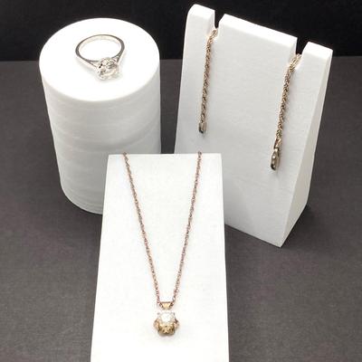 LOT 401: Sterling Jewelry - Cubic Zirconia Ring Sz 7.5, Pendant Necklace 18" and Bracelet 8"