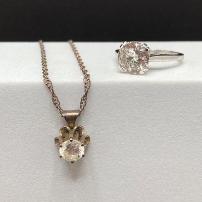 LOT 401: Sterling Jewelry - Cubic Zirconia Ring Sz 7.5, Pendant Necklace 18" and Bracelet 8"