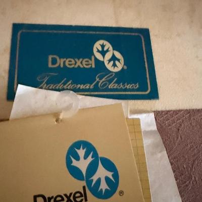 Two Drexel Queen Anne Style Upholstered Wingback Chairs (LR-MG)