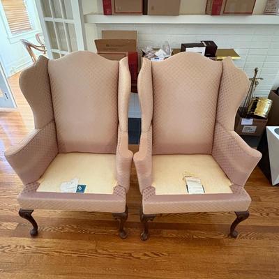 Two Drexel Queen Anne Style Upholstered Wingback Chairs (LR-MG)