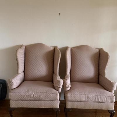 Two Drexel Queen Anne Style Upholstered Wingback Chairs (LR-MG)