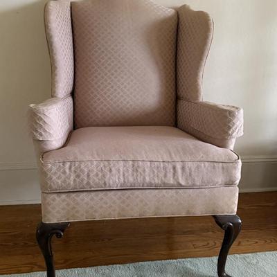 Two Drexel Queen Anne Style Upholstered Wingback Chairs (LR-MG)