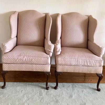 Two Drexel Queen Anne Style Upholstered Wingback Chairs (LR-MG)