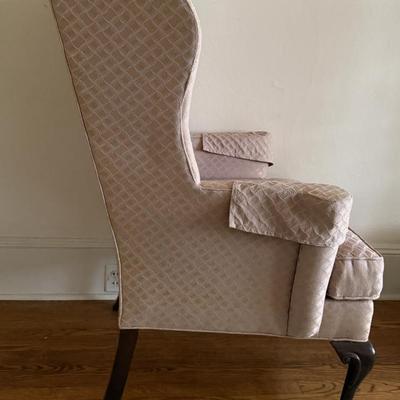 Two Drexel Queen Anne Style Upholstered Wingback Chairs (LR-MG)