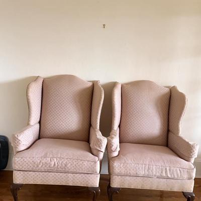 Two Drexel Queen Anne Style Upholstered Wingback Chairs (LR-MG)