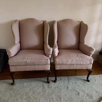 Two Drexel Queen Anne Style Upholstered Wingback Chairs (LR-MG)