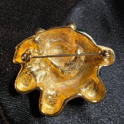 Vintage Gold Tone Christmas Teddy Bear Brooch Pin with Enamel Wreath and Red Bow