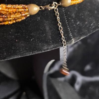 Vintage multi-Strand Amber & Gold Seed Bead Necklace - Multi-Layer Statement Choker