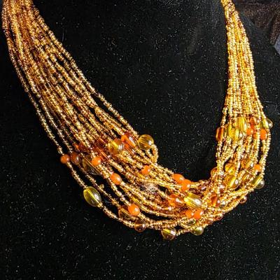 Vintage multi-Strand Amber & Gold Seed Bead Necklace - Multi-Layer Statement Choker