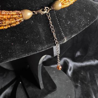 Vintage multi-Strand Amber & Gold Seed Bead Necklace - Multi-Layer Statement Choker