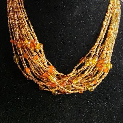 Vintage multi-Strand Amber & Gold Seed Bead Necklace - Multi-Layer Statement Choker